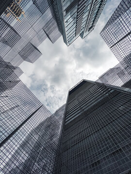 Looking up view of the skyscraper with steel rebar