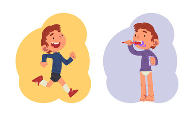 Schoolchild Daily Routine with Boy Brushing His Teeth and Running Vector Set
