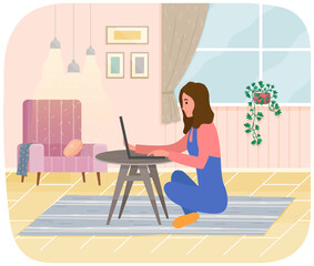 Distance learning, freelance and internet entertainment. Woman working with laptop home. Remote work, typing on computer keyboard, online home freelancing. Girl looking screen. Chatting, communication