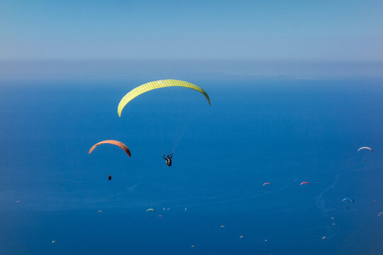 dozens of paragliders fill the sky