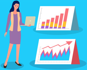 Visualize with business analytics. People work with statistical data analysis, changing indicators. Employees analyze statistical indicators, business data. Characters work with marketing research
