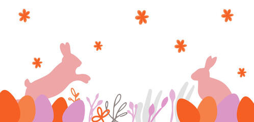 Beautiful vector banner with rabbits, colored eggs, happy Easter. Pink and orange colors. Simple flat and cartoon style. Background design, postcards, stickers, flyers.