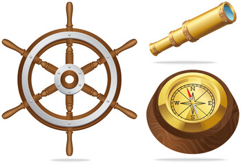Obraz premium Sea adventures and tourism objects set. Marine cruise, ocean journey and sea travelling compass, telescope and metal vintage steering wheel. Essential technologies for any ship travel boat control