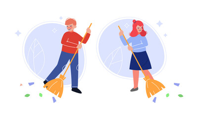 Fototapeta na wymiar Little Boy and Girl Taking Care of Nature Sweeping Ground with Broom Vector Set