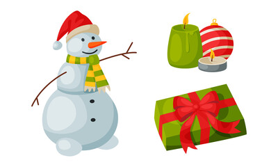 Snowman and Gift Box as Merry Christmas Holiday Object and Element Vector Set