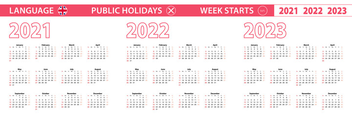 2021, 2022, 2023 year vector calendar in English language, week starts on Sunday.