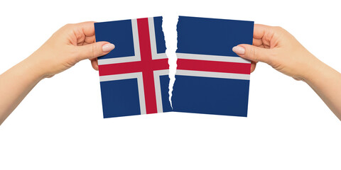 World countries. Woman hands are are holding two parts of flag. Iceland