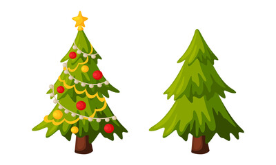 Fir Tree Decorated with Baubles as Merry Christmas Holiday Object and Element Vector Set