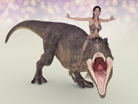 Frau reitet auf dem Dinosaurier Tyrannosaurus Rex