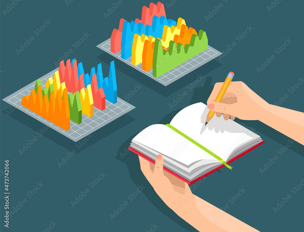 Poster visualize with business analytics. people work with statistical data analysis, changing indicators. 