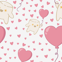 Seamless pattern with happy marshmallow taking off on a balloon in the shape of a heart. Kawaii marshmallow characters in a flat style.