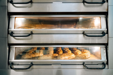 Crispy breads baking in oven