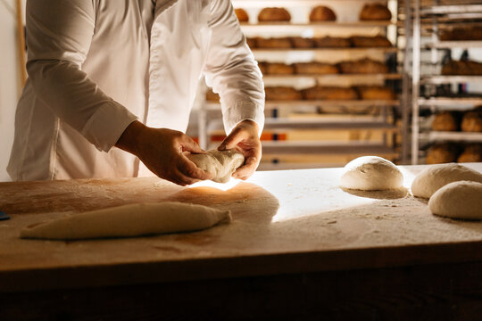Baker cooking bread in bakehouse