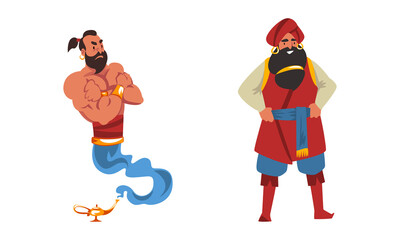 Bearded Wicked Genie or Djinn and Sultan in Turban from Arabian Fairy Tale Character Vector Set