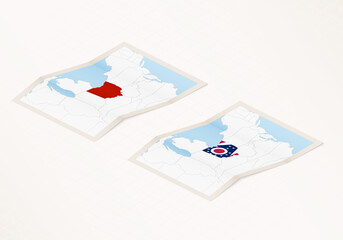 Two versions of a folded map of Ohio with the flag of the country of Ohio and with the red color highlighted.