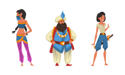 Bearded Man Sultan in Turban and Princess from Arabian Fairy Tale Character Vector Set