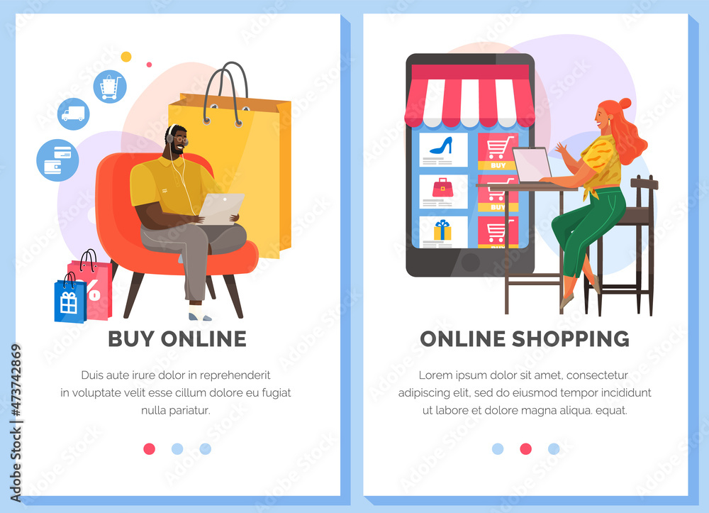 Aufkleber online shopping websites set. people with computers buying products in mobile app store. modern flat