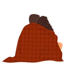 Backview of couple snugged in a red plaid blanket. Man and woman in love hugging. Flat cartoon vector illustration