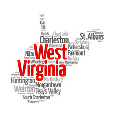 List of cities in West Virginia USA state, map silhouette word cloud, map concept background