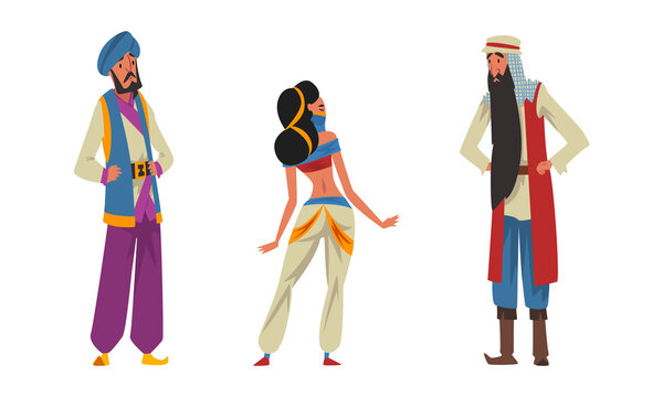Bearded Man Sultan in Turban and Princess from Arabian Fairy Tale Character Vector Set