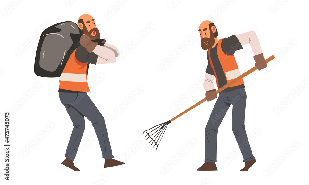 Poster bearded man janitor wearing orange vest carrying bag with garbage and with rake vector set