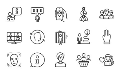 People icons set. Included icon as Manager, Face detection, Employee benefits signs. Three fingers, Elevator, Video conference symbols. Buyers, Face id, Group. Businesswoman person. Vector