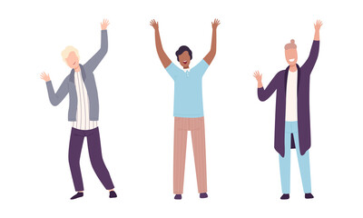 Excited Man with Raised Up Hands Cheering About Something Vector Set