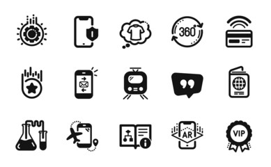Vector set of Gear, Quote bubble and Loyalty star icons simple set. Vip award, Train and Full rotation icons. T-shirt, Augmented reality and Mail signs. Gear simple web symbol. Vector