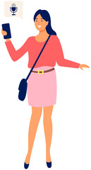 Cute young woman uses smartphone. Girl is holding gadget. Pastime in social networks. Internet addiction. Smiling girl listening to music via smartphone. Happy person uses mobile phone for photo