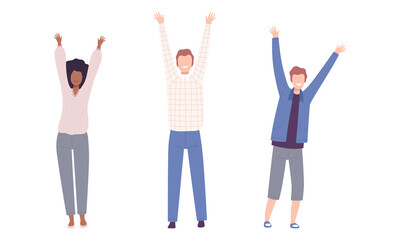Excited Man and Woman with Raised Up Hands Cheering About Something Vector Set