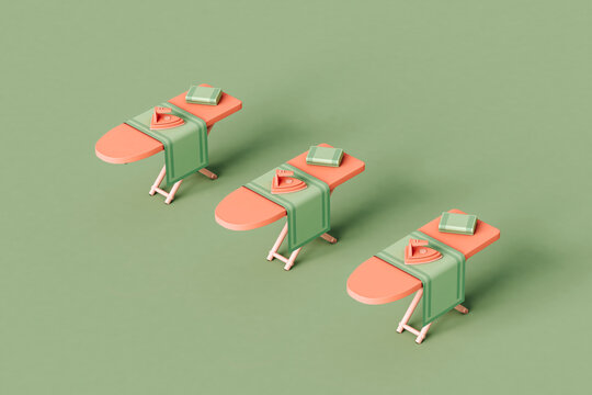 three ironing boards in a row on a green background. 