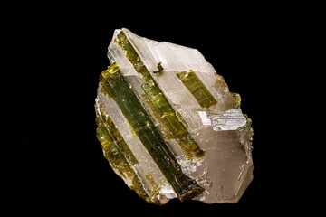 Macro stone tourmaline mineral on a black background close up