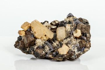 Macro stone mineral Pyrrhotite, quartz, Sphalerite, calcite, Galena on white background