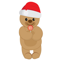 Cute cartoon character Teddy Bear in Santa hat eating a lollipop