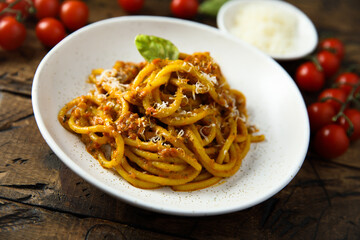 Traditional homemade pasta Bolognese with beef ragout	