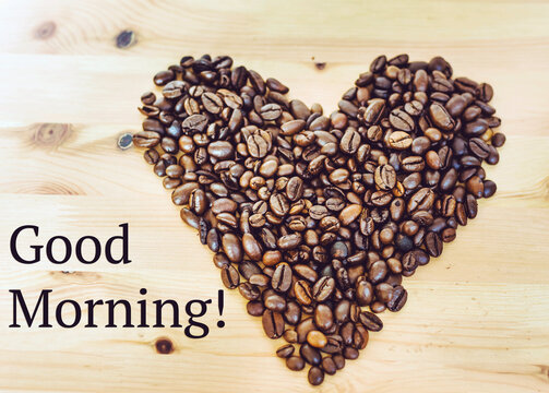 Heart from coffee beans with good morning text 