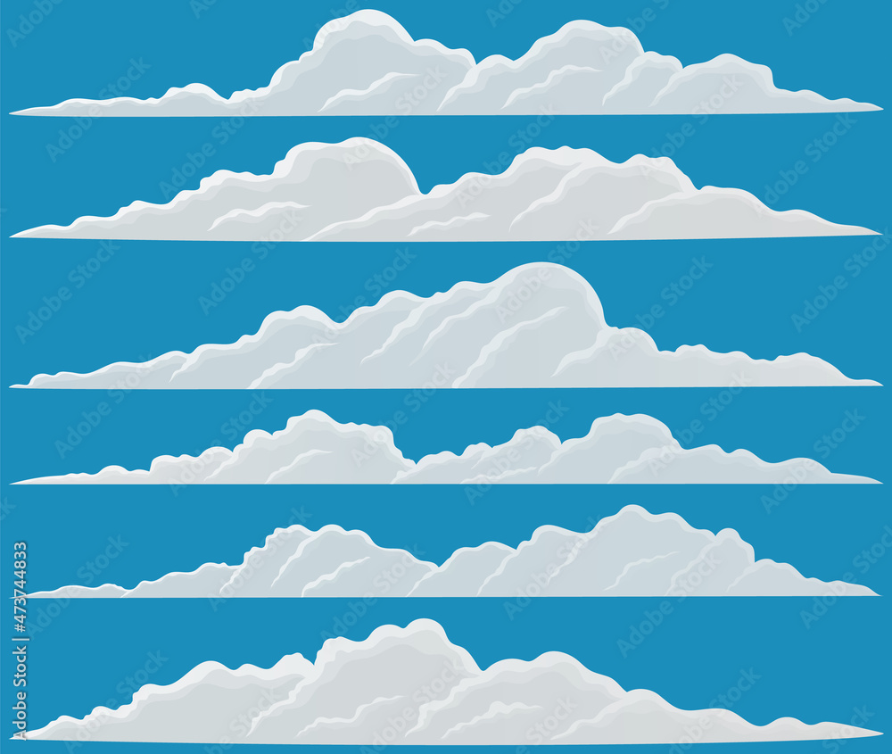 Poster cartoon white clouds set on blue sky background. collection of smoke patterns and fog icons. clouds 