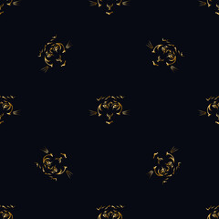 Seamless black background with golden tigers.