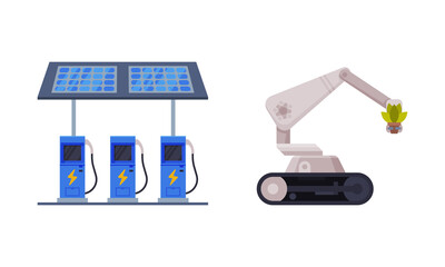 Renewable Green Energy Source with Stand for Electric Car Charging and Manipulator with Plant in Pot Vector Set