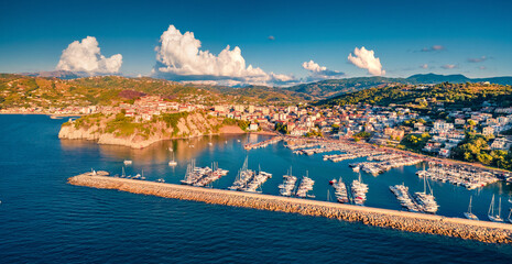 Adorable evening view from flying drone of Agropoli port. Wonderful summer seascape of...