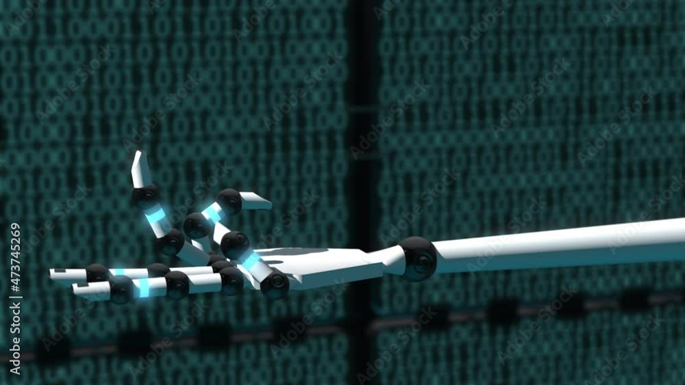 Poster seamless looping 3d animation of a robotic hand presenting the word “future” in 4k resolution