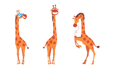 Funny Giraffe Character with Long Legs and Neck Drinking Soda and Wearing Glasses Vector Set