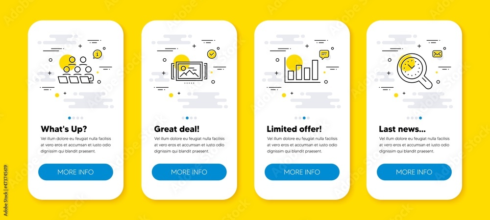 Poster vector set of report diagram, teamwork and image carousel line icons set. ui phone app screens with 