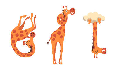 Funny Giraffe Character with Long Legs and Neck Hanging Upside Down Vector Set