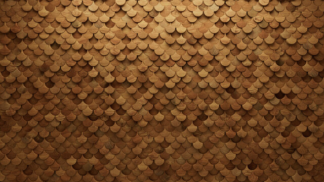 3D, Timber Wall background with tiles. Natural, tile Wallpaper with Wood, Fish Scale blocks. 3D Render
