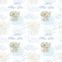 Watercolor seamless pattern from hand painted illustration of blue mushroom house with windows, stars, moon on white background. Childish cartoon style for autumn, forest fabric textile, print design