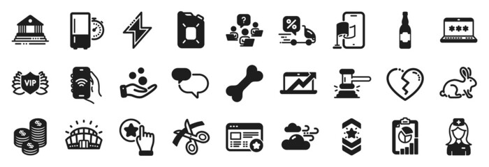 Set of Business icons, such as Refrigerator timer, Sales diagram, Judge hammer icons. Beer bottle, Location app, Donation money signs. Laptop password, Internet app, Coins. Scissors. Vector