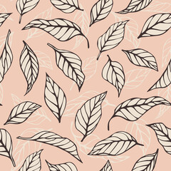 Seamless vector pattern. Hand drawn Leaves with fill and outline elements on pink background for design packaging textile wallpaper fabric