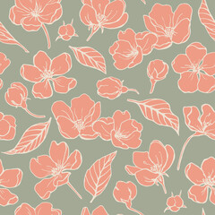 Flowers and leaves seamless vector pattern elegant floral background in pastel colors. Hand drawn Illustration for design packaging textile wallpaper fabric