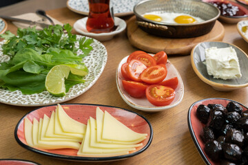 Breakfast table. Traditional Turkish Breakfast Table (Serpme Kahvaltı). Turkish style breakfast.